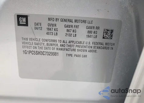 2012 Chevrolet Cruze Ls из США, поврежденный, VIN 1G1PC5SH3C7329981